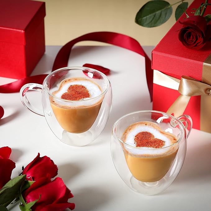 CNGLASS Mothers Day Gifts for Mom,Double Wall Heart Shaped Glass Coffee Mugs 8.5oz,Insulated Clear Tea Cups with Handle,Unique Glass Espresso Mugs for Coffee,Cappuccino,Latte,Milk,Set of 2 - Bloomnest