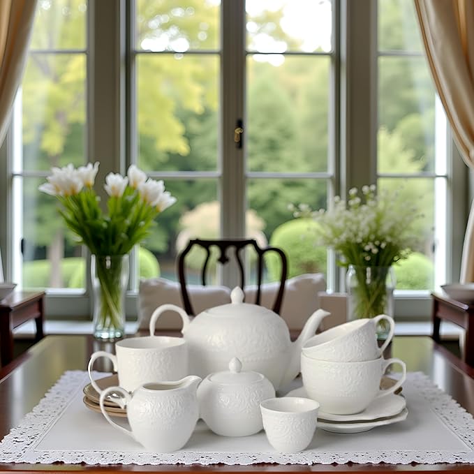 Tea Set 11 Pieces Tea Sets for Adults Ceramic Cookware Tea Cups and Saucers Teapot, Sugar Bowl, Creamer and Teaspoon（White） - Bloomnest