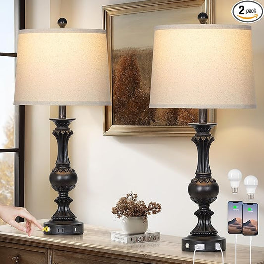 28" Black Farmhouse Table Lamps Set of 2, Rustic Lamps for Living Room with USB C+A Ports & AC Outlet, 3 Way Touch Control Bedroom Lamp, Retro Tall Bedside Lamp for Nightstand Side Table - Bloomnest