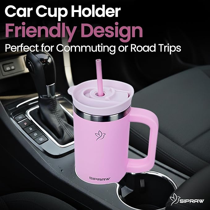 Tumbler with Handle, Insulated Tumbler with Lid and Straw, Stainless Steel Travel Coffee Mug, Cup Holder Friendly, Perfect for Camping, Travelling & Gifting, 30oz, Pink - Bloomnest