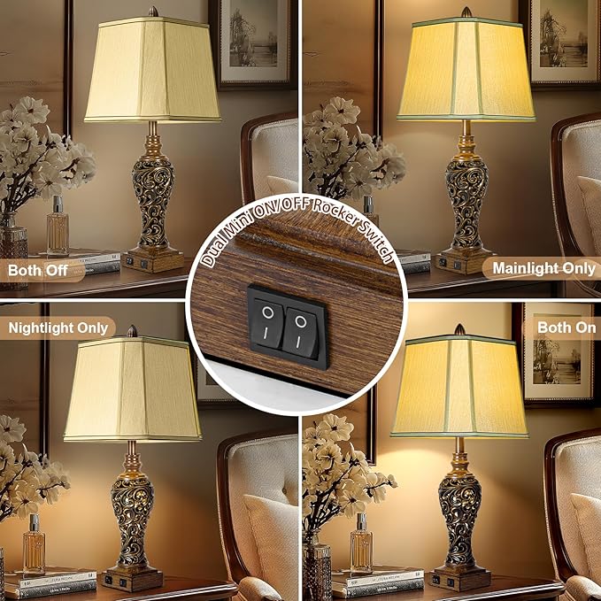 28.5'' Tall Farmhouse Vintage Table Lamp Set of 2 with Faux Silk Shade USB Ports Nightlight Decor for Bedside Living Room Bedroom Nightstands Office Home, Dark Bronze(Bulbs Included) - Bloomnest