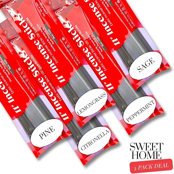 Aroma Depot Backyard 11'' Incense Sticks - Variety Set 500 Pack - 11 inch - 5 Bundles 100 Sticks Per Scent. Set Features Citronella, Lemongrass, Peppermint, Pine, and Sage AromaDepotInc