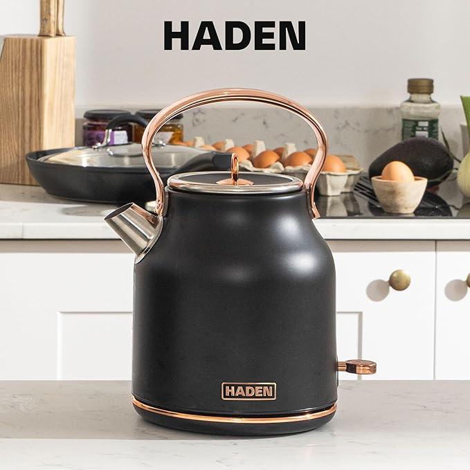 Haden Heritage 1.7 Liter Stainless Steel Electric Kettle, Hot Water Tea Kettle with 360-Degree Base and Auto Shutoff, Black & Copper - Bloomnest