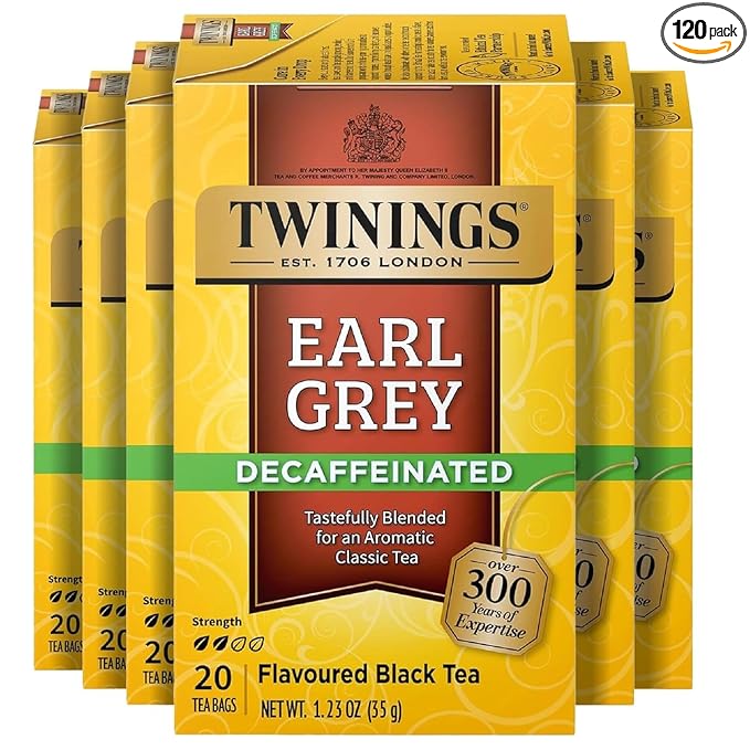 Twinings Decaffeinated Earl Grey Black Tea Individually Wrapped Bags, 20 Count (Pack of 6), Flavoured with Citrus and Bergamot, Enjoy Hot or Iced, 120 Teabags - Bloomnest