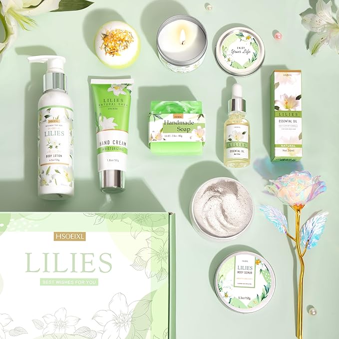 Gifts for Women, Birthday Gifts for Women, Bath and Body Gifts Set, Lilies Self Care Set,Christmas Mothers Day Relaxing Spa Basket for Mom, Grandma, Girlfriend, Sister, Friends - Bloomnest