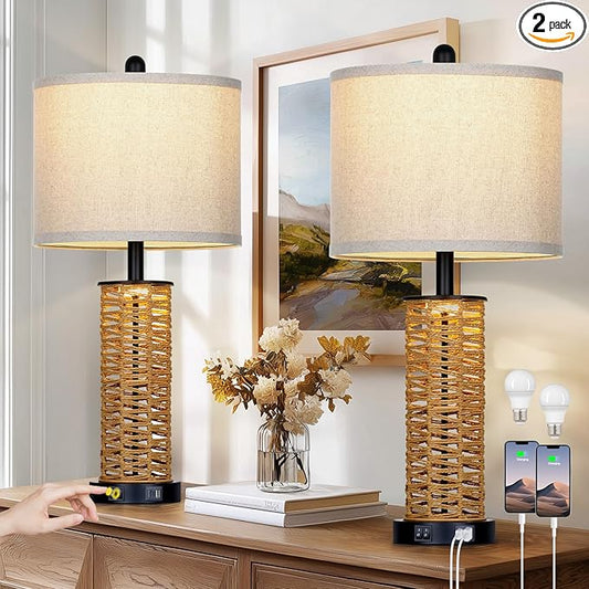 27" Boho Rattan Table Lamps Set of 2, Coastal Bedside Lamp with Night Light, Woven Wicker Bedroom Nightstand Lamps with USB A+C Charging Port, Tall Farmhouse Lamp for Living Room End Table - Bloomnest