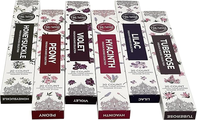 Blossom Incense Sticks Variety Pack - 120 Insence-Sticks (6 Incents x 20 Insense) - Peony Honeysuckle Lilac Violet Hyacinth Tuberose - Natural Inscents-Sticks Non Toxic Incienso + Stick Incense Holder - Bloomnest