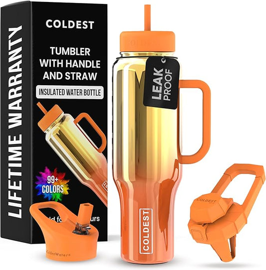Coldest Tumbler with Handle and Straw - 100% Spill Proof Tumbler with Straw (3 Lids) - Stainless Steel Insulated Leakproof Tumblers for Women & Men - Cup Holder Friendly - 46 oz (Sunset Nova) - Bloomnest