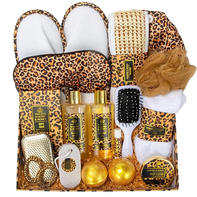 Valentines Day Gifts for Women, 20 Pcs XXL Leopard Bath and Body Gift, Skin Care Set, Self Care Gifts Set, Mother's Day, Birthday, Home Spa Kit, Holiday, Christmas, Shower Cap, Manicure Set - Bloomnest