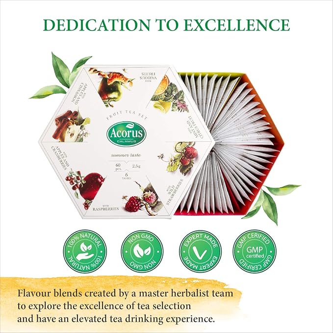 ACORUS Summer Taste Tea Set - Natural Assorted Tea Hamper Box Gift Set, Large Selection Box 60 Teas Bags, 6 Fruit and Berry Flavour Sampler, Perfect for Refreshing Iced Drinks - Bloomnest