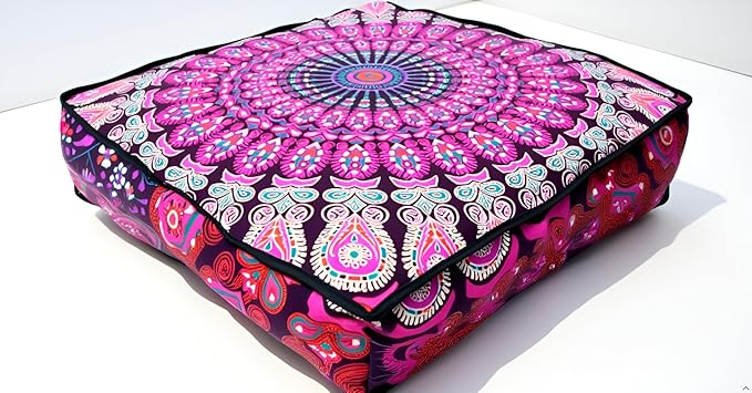 INDIAN CRAFT CASTLE 24" Pink Peacock Mandala Barmeri Large Floor Pillow Cover Cushion Meditation Seating Ottoman Throw Cover Hippie Decorative Zipped Bohemian Pouf Ottoman Pom Pom Cases 24" Square - Bloomnest