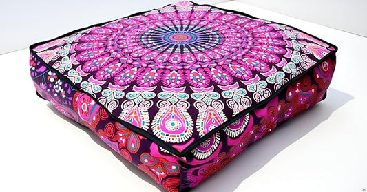 INDIAN CRAFT CASTLE 24" Pink Peacock Mandala Barmeri Large Floor Pillow Cover Cushion Meditation Seating Ottoman Throw Cover Hippie Decorative Zipped Bohemian Pouf Ottoman Pom Pom Cases 24" Square - Bloomnest