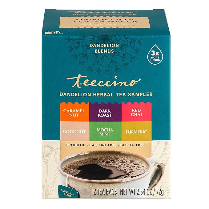 Teeccino Dandelion Tea Sampler - Caramel Nut, Coconut, Dark Roast, Mocha Mint, Red Chai, Turmeric - Roasted Herbal Tea, Caffeine Free & Prebiotic with Detoxifying Dandelion - 12 Tea Bags - Bloomnest