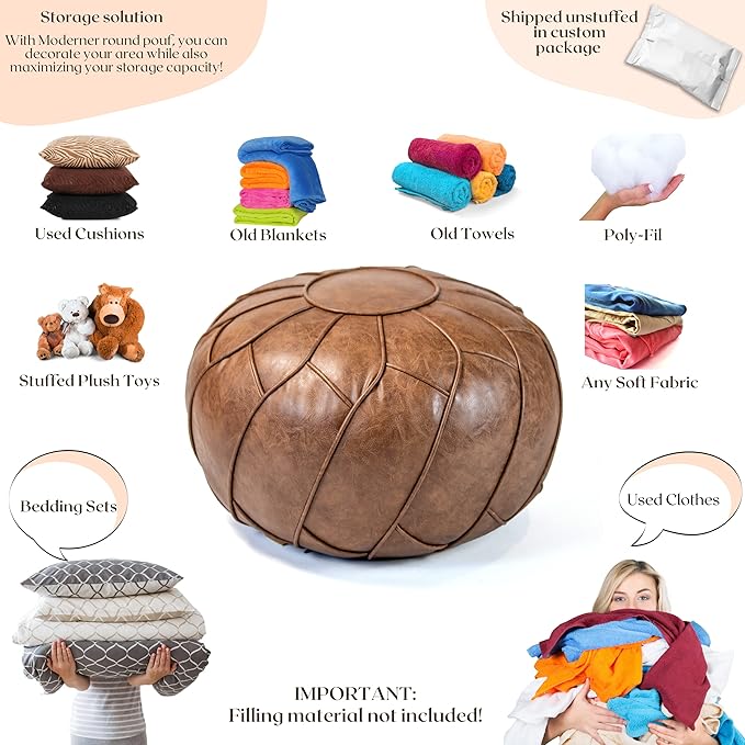 Moderner Faux Leather Pouf Unstuffed Ottoman Moroccan Footstool, Floor Footrest Cushion, Storage Solution - Natural Brown Color (Mocha, Round) - Bloomnest
