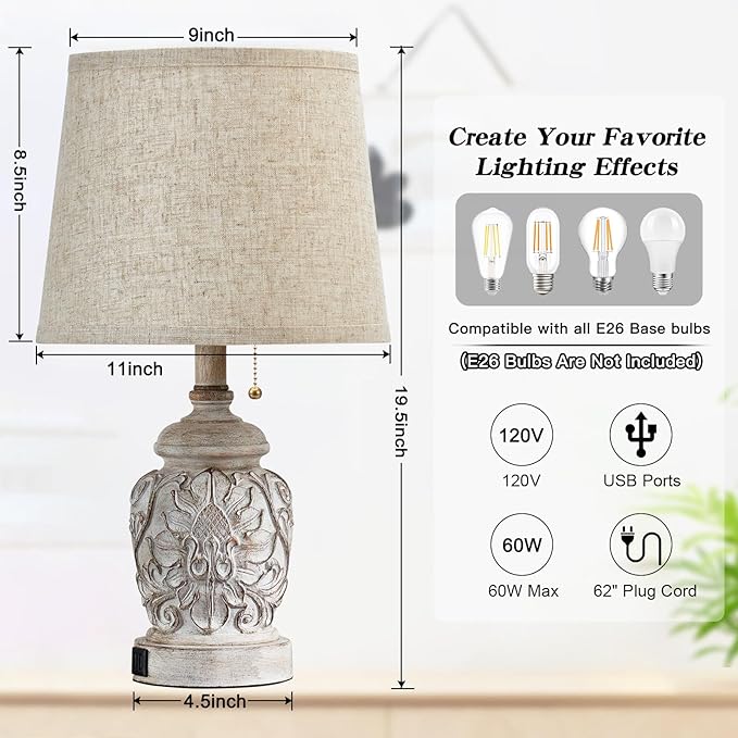 19.5" Vintage Rustic Table Lamp Set of 2 Farmhouse Table Lamps for Living Room Bedroom Decor with USB Ports Traditional Carved Floral White Bedside Night Light Lamps with Pull Chain Switch - Bloomnest