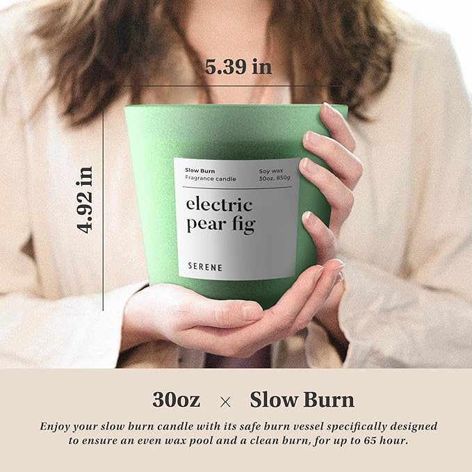 Hidden Label Large Scented Candle, Electric Pear Fig, 30oz 3 Wick Huge Candle, Serene Collection Slow Burn Natural Soy Candles for Home Scented - Bloomnest