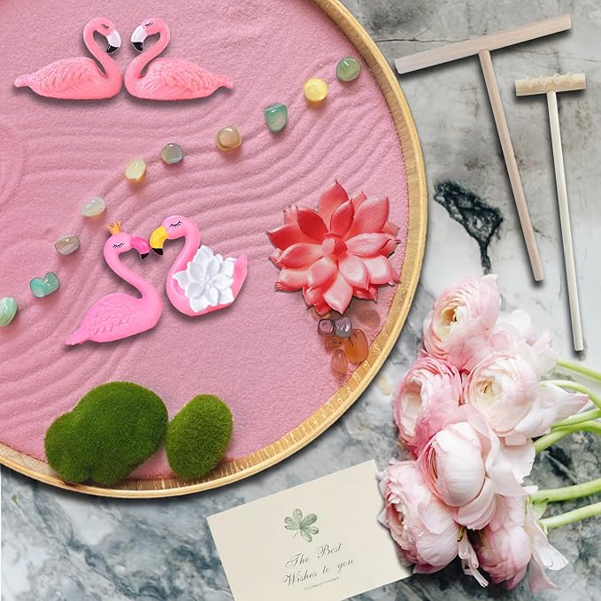 Flamingo Zen Garden for Desk - Pink Flamingo Decor, Sand Tray Therapy Kit for Desk and Office, Cute Japanese Décor Gift for Women, Mini Zen Garden for Relaxation and Stress Relief - Bloomnest