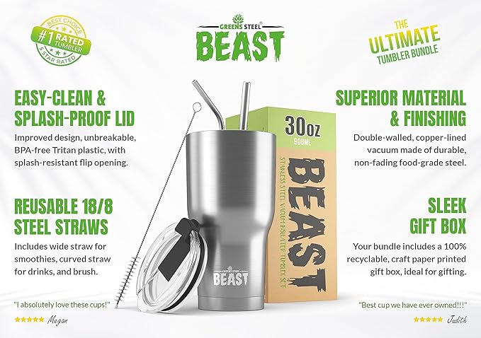 Beast 30 oz Tumbler Stainless Steel Vacuum Insulated Coffee Ice Cup Double Wall Travel Flask (Stainless Steel) - Bloomnest