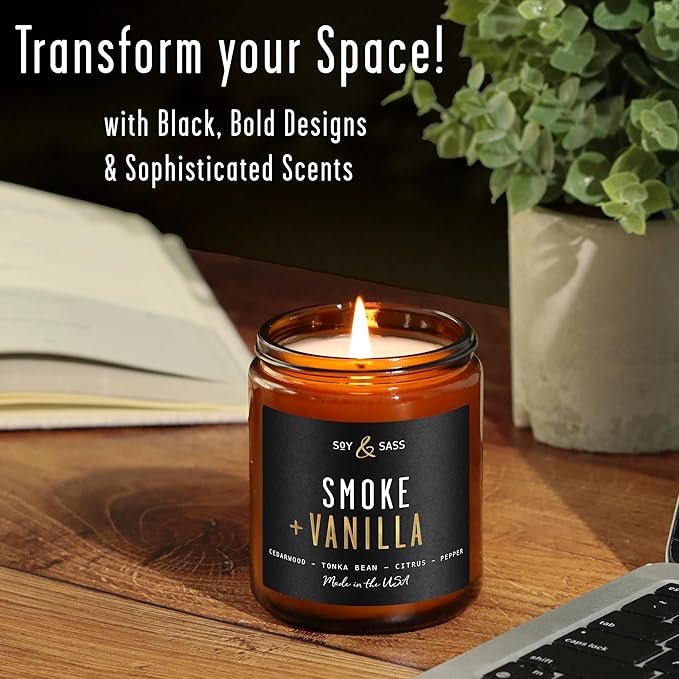 Smoke and Vanilla Candle I Scented Black Candles for Men or Women - Fire Wood, Vanilla & Smoke Soy Wax Mens Candle - Infused w/Essential Oils | Long-Lasting 50Hr Burn, 9oz I Non Toxic I Made in USA - Bloomnest