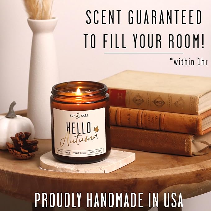 Fall Candles - ‘Hello Autumn’ Soy Fall Candle w/Apple, Cinnamon & Nutmeg I Infused with Essential Oils I Autumn Scented Candles I Cozy Décor Gifts I 9oz Jar I 50Hr Burn I Made in USA - Bloomnest