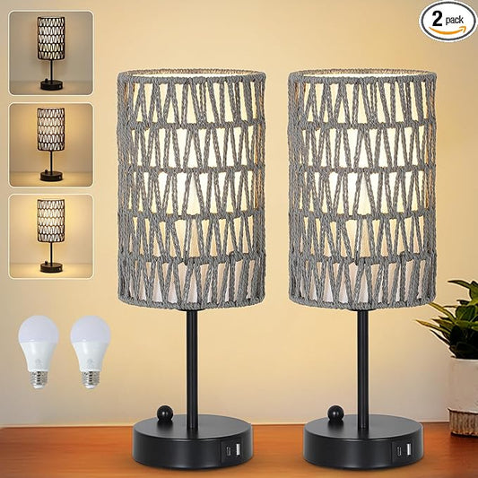 Gray Bedside Lamps Set of 2, Touch Control Night Stand Lamp for Bedroom with Rattan & Linen Shade & Bulbs, 3 Way Dimmable Small Boho Table Lamps with USB Charging Port & Phone Stand - Bloomnest