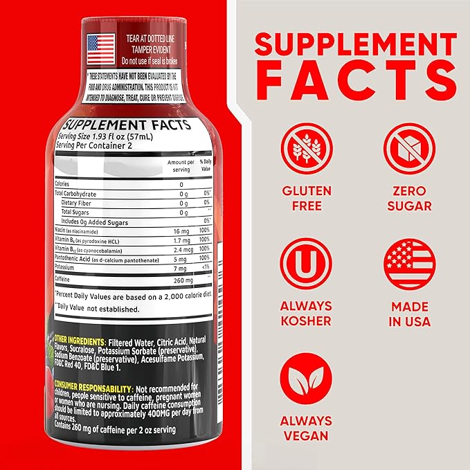 Fruit Punch Extra Strength Energy Shot 48 pk – 260mg Natural Caffeine B12 B6 – Energy & Focus Support – 2 Servings Sugar Free Zero Calorie Green Tea B-Vitamins Electrolytes Vegan – 1.93 fl oz - Bloomnest