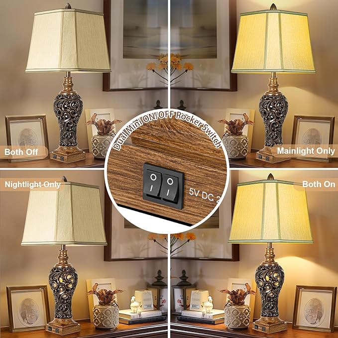 32'' Tall Rustic Vintage Table Lamps Set of 2 with Night Lights - Bedside Lamp with Faux Silk Shades for Bedroom and Living Room with 2 USB Charging Ports,Rustic Lamps for Living Room(Bulb Included) - Bloomnest