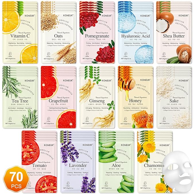 70 Pack Sheet Face Masks Skincare, Hydrating Face Masks Suitable for All Skin Types, Bulk Facial Mask Gifts Set for Women Skin Care, Home Skincare Spa for Sensitive Skin - Bloomnest