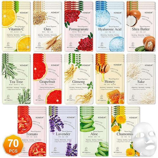 70 Pack Sheet Face Masks Skincare, Hydrating Face Masks Suitable for All Skin Types, Bulk Facial Mask Gifts Set for Women Skin Care, Home Skincare Spa for Sensitive Skin - Bloomnest