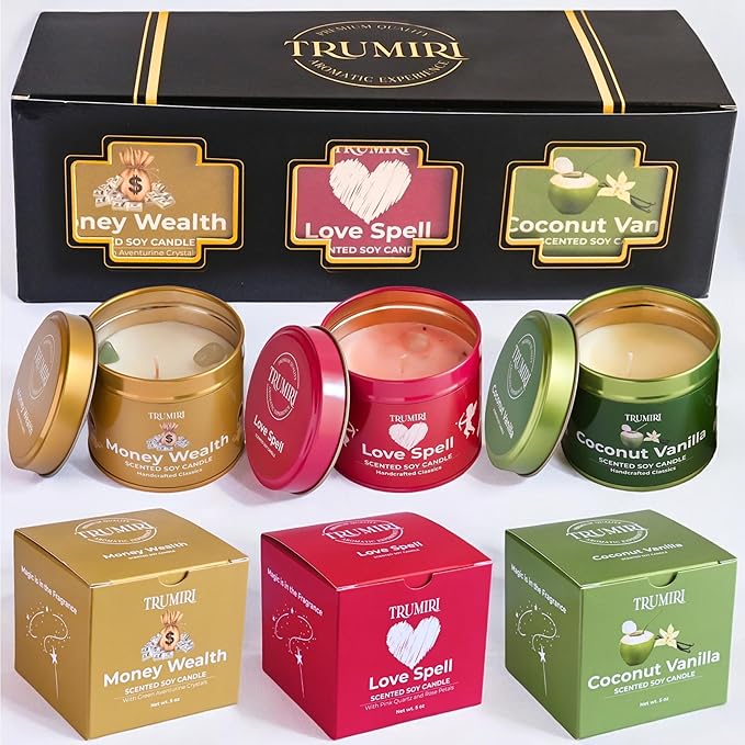 Love Spell, Money Wealth, Coconut Vanilla - Soy Candles Non Toxic - Highly Scented Long Lasting with Essential Oils - Variety Pack of 3 x 5oz - for Home Aromatherapy Meditation Gift Travel TRUMIRI