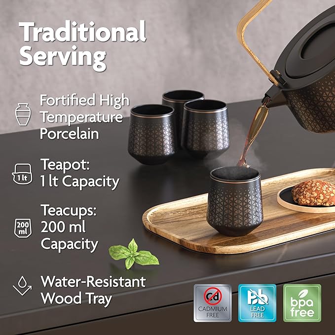 Vianté Luxury Tea Set. Electric Kettle with Infuser for Loose Leaf And Ceramic Serving Set. Teapot and Cup Set with Wooden Tray. Excellent Gift Idea For Tea Lovers. - Bloomnest
