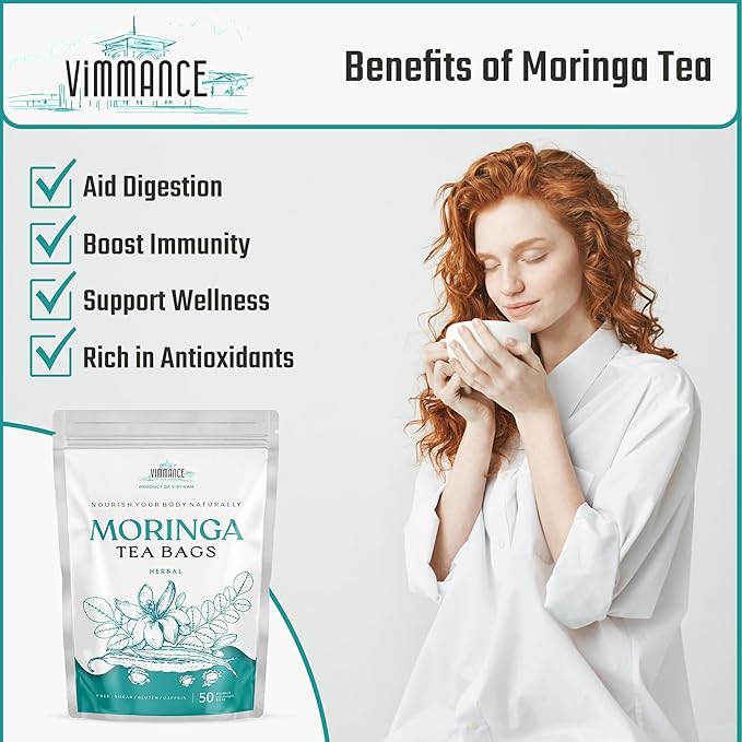 VIMMANCE Moringa Dried Leaves Tea Bags, 50 counts, Hojas de Oleifera, Vietnamese Herbal Tee, Miracle Tree Leafs, 100% Natural Leaf Teabags, Decaf, Sugar Free, Balance Taste - Bloomnest