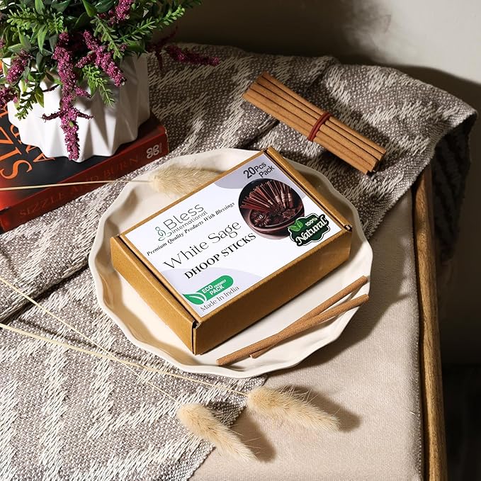 Bless-International White-Sage-100%-Natural-Incense-Bambooless-Dhoop-Sticks Handmade-Organic-Chemicals-Free for-Purification-Relaxation-Positivity-Yoga-Meditation The-Best-scents-4.5-Inches-20-Sticks BlessInternational