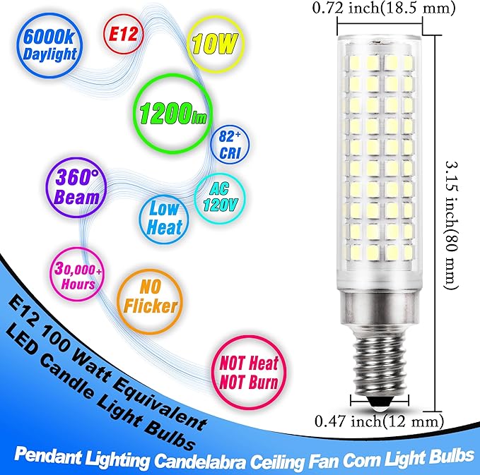 E12 100 Watt Equivalent LED Candelabra Bulbs 10W 6000K Daylight White 1200lm 120 Volt C7 T6 E12 LED Pendant Lights for Chandelier Ceiling Fan Corn Light Bulbs Salt Lamp, Non-dimmable, 4 Pack - Bloomnest
