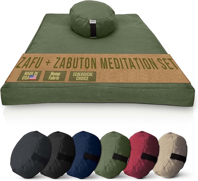 Meditation Cushion Mat Set HEMP - Round Zafu Floor Pillow Organic Buckwheat Pillow + Cotton Filled Zabuton Prayer Pad - Meditation Pillow Yoga Knee Pad - Made in USA - 14" Round, CACTUS Hemp - Bloomnest
