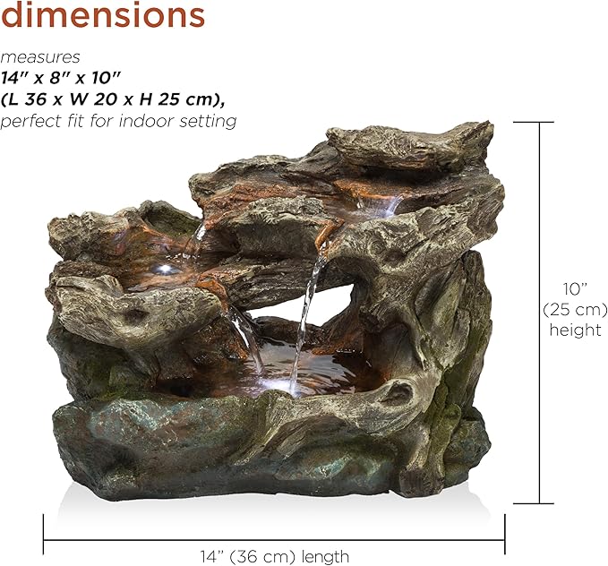 Alpine Corporation WIN1334 10" Tall Tabletop 3-Tier Waterfall Rock Fountain with LED Lights, Indoor Decorative Water Feature for Desk, Table, Office, and Home, Brown - Bloomnest
