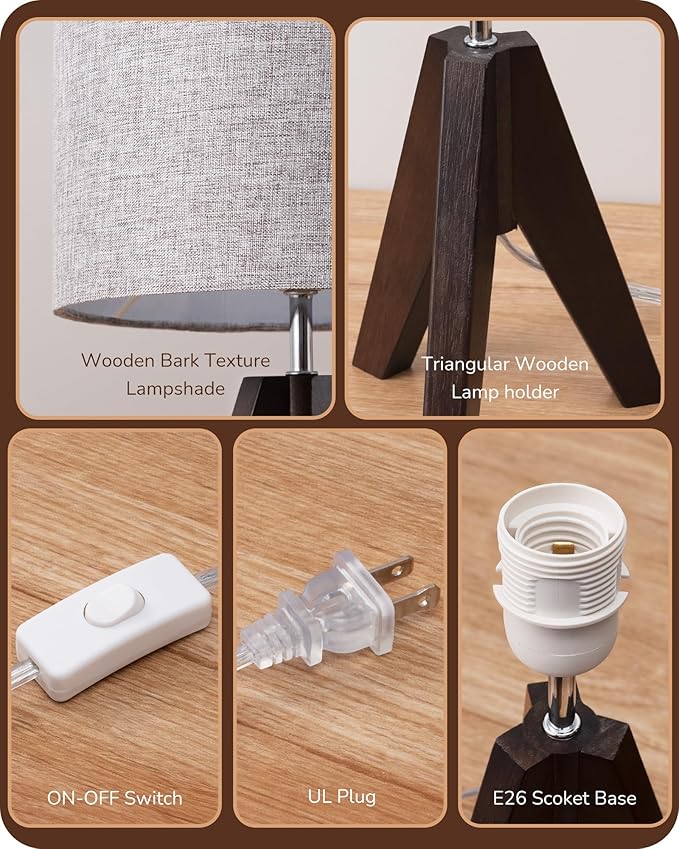 EDISHINE Boho Small Table Lamp, Walnut Color Wooden Tripod Bedside Lamp, Farmhouse Nightstand Lamp for Nursery, Bedroom, Office, Kid Room, Living Room, Grey Linen Lampshade, E26 Socket, 14.2 Inch - Bloomnest
