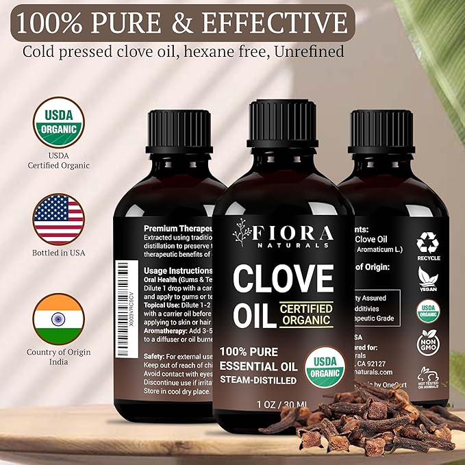 Organic Clove Essential Oil – 100% Pure, USDA Certified Clove Bud Oil for Teeth & Gums, Toothache Relief, Hair Growth & Aromatherapy – Premium Cloves Oil for DIY Wellness by Fiora Naturals - Bloomnest