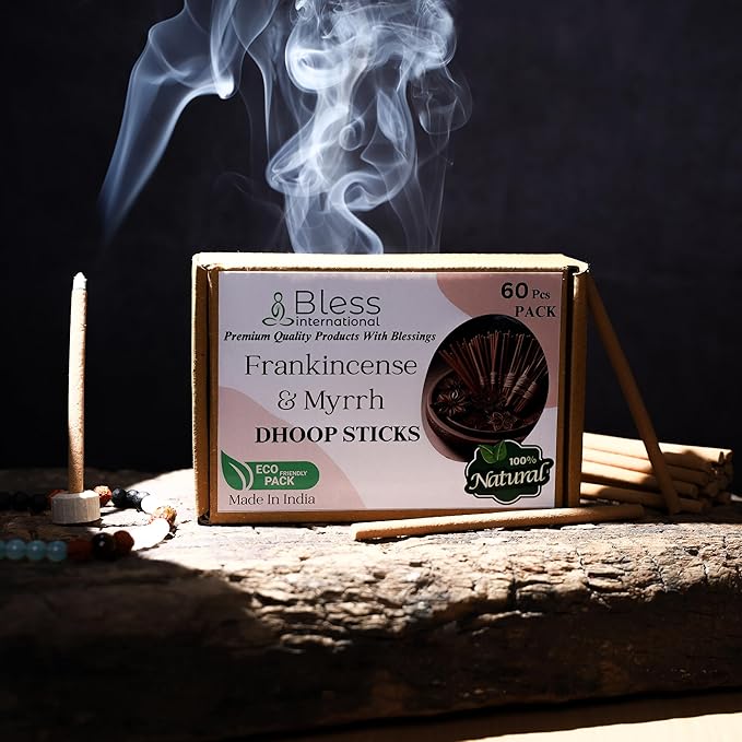 Bless-International Frankincense-and-Myrrh-100%-Natural-Incense-Bambooless-Dhoop-Sticks Handmade-Organic-Chemicals-Free for-Relaxation-Positivity-Yoga-Meditation The-Best-scents-4.5-Inches-60-Sticks BlessInternational