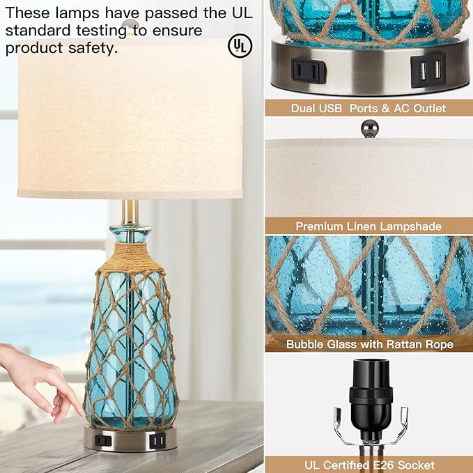 Coastal Glass Table Lamps, 3-Way Dimmable Touch Control Bedside Lamps with 2 USB Ports and AC Outlet, Teal Nautical Nightstand Lamps for Bedroom Living Room (LED Bulbs Included) - Bloomnest