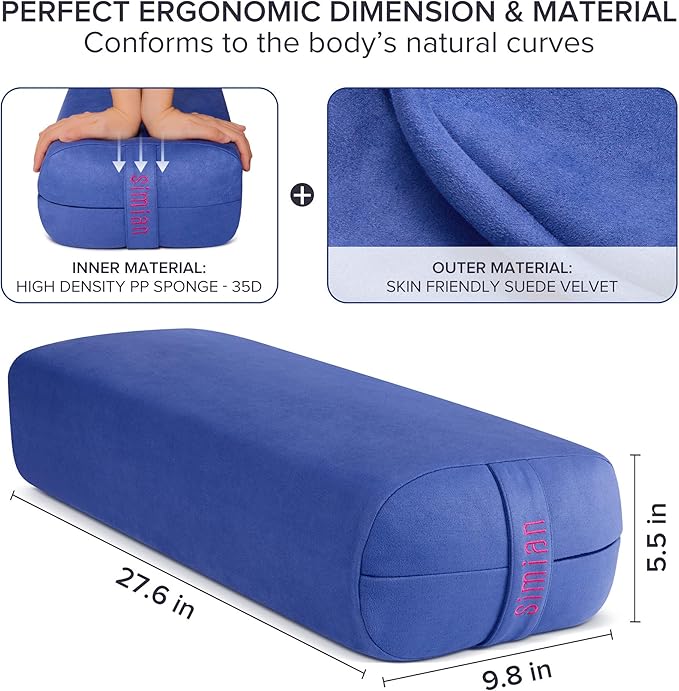 Simian Premium Meditation Bolster - Rectangular Support Cushion with Velvet Cover, Washable, for Restorative & Yin Yoga