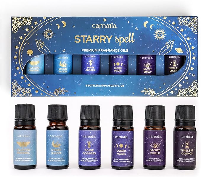 Carnatia Starry Spell Fragrance Oil Set – 6 Magical & Calming Aromatherapy Blends for Stress Relief, Relaxation & Emotional Wellness | Mystical Fragrance Oils for Diffusers, Massage & Meditation - Bloomnest