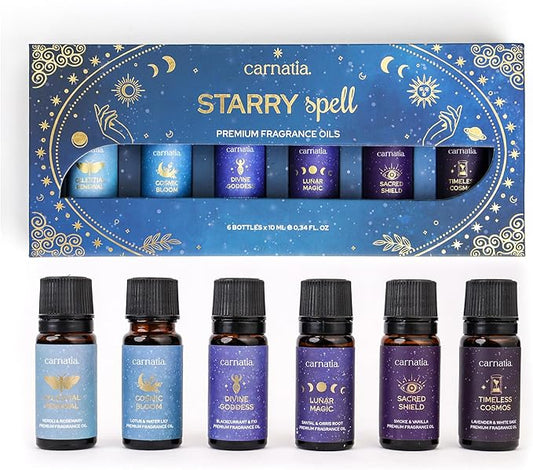 Carnatia Starry Spell Fragrance Oil Set – 6 Magical & Calming Aromatherapy Blends for Stress Relief, Relaxation & Emotional Wellness | Mystical Fragrance Oils for Diffusers, Massage & Meditation - Bloomnest