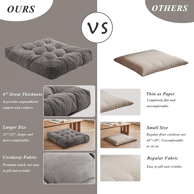 Meditation Floor Pillow 22×22 Inch 2 Pack Large Floor Cushions for Adults Square Tufted Corduroy Floor Pillows for Yoga Living Tatami Room Grey - Bloomnest