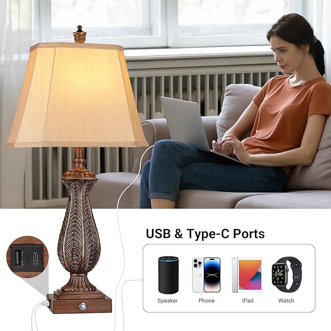3-Way Dimmable Table Lamps for Bedrooms Set of 2, 30" H Touch Lamps for Living Room with USB & Type-C Ports, Brown Mermaid Bedside Lamp for Nightstand, Resin Farmhouse Rustic Lamp with 2 Bulb - Bloomnest