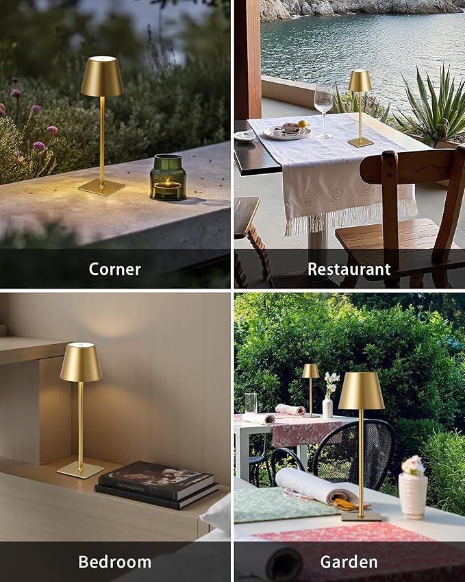 KDG 2 Pack Cordless Table Lamp, Portable LED Desk Lamps, 5000mAh Battery Operated, 3 Color Stepless Dimming Up, for Restaurant, Bedroom, Outdoor Camping, Coffee Shop, Night Light, Rechargeable (Gold) - Bloomnest