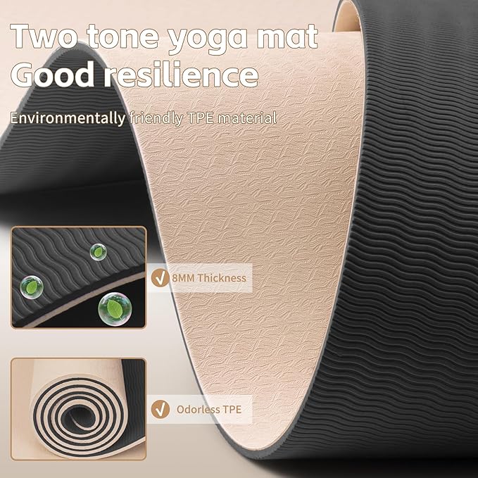 Yoga Mat 8mm Super Thick TPE Fitness Mat | SGS Certified | Non-Slip, Odorless & Tear-Resistant | Unisex with Strap | for Yoga, Pilates, Meditation & Home Workouts - Bloomnest