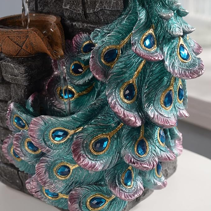 Tabletop Water Fountain Decor, Peacock with LED Glass Color Changing Globe,Relaxation Decorative Desktop Water Zen Fountain for Home/Office,Living Room Décor.13.78" Tall