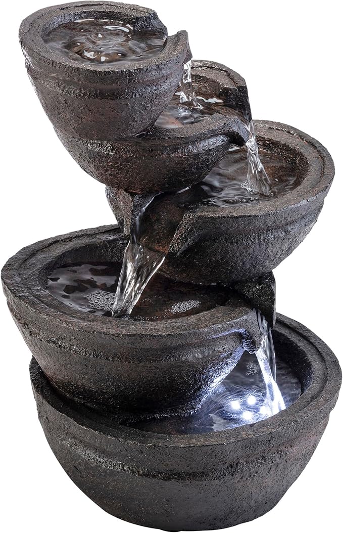 Alpine Corporation WIN1138 13" Indoor Tabletop Tiering Bowls Water Fountain with LED Lights – Cascading Water Feature for Home, Office, Meditation, and Relaxation, Dark Gray - Bloomnest