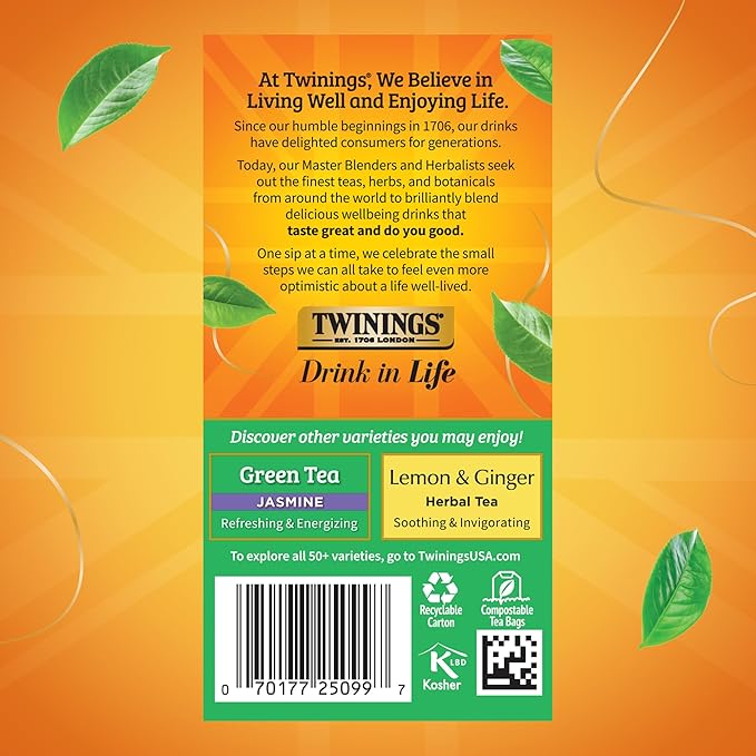 Twinings Green Tea with Lemon Individually Wrapped Bags, 20 Count (Pack of 6), Zesty Citrus Aroma & Flavour, Caffeinated, Enjoy Hot or Iced, 120 Teabags - Bloomnest